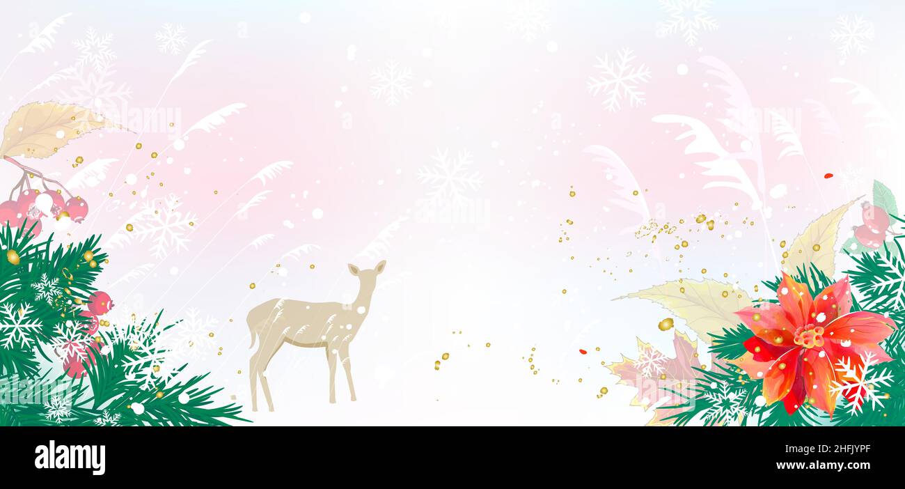 Winterhintergrund mit Tannenzweigen, Blumen, Schneeflocken und Hirschen. Grußkarte. Stock Vektor