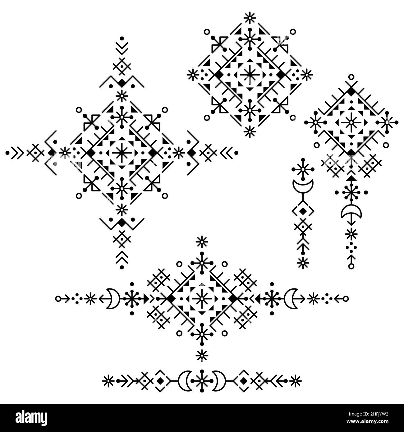Geometrisches Tribal Line Art Vektor Design Set, ornamentale Minimal Patterns Kollektion in Schwarz und Weiß, inspiriert von der alten nordischen Wikinger Runenkunst Stock Vektor