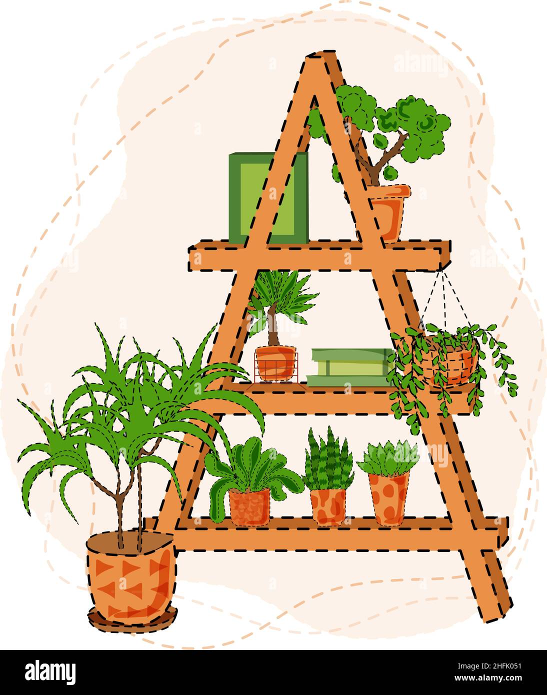 Zimmerpflanzen auf einer Holztreppe. Umweltfreundliches Innendesign mit Kaktus, Monstera, Dracaena und Bansai. Vektorgrafik in einem flachen Stil. Stock Vektor
