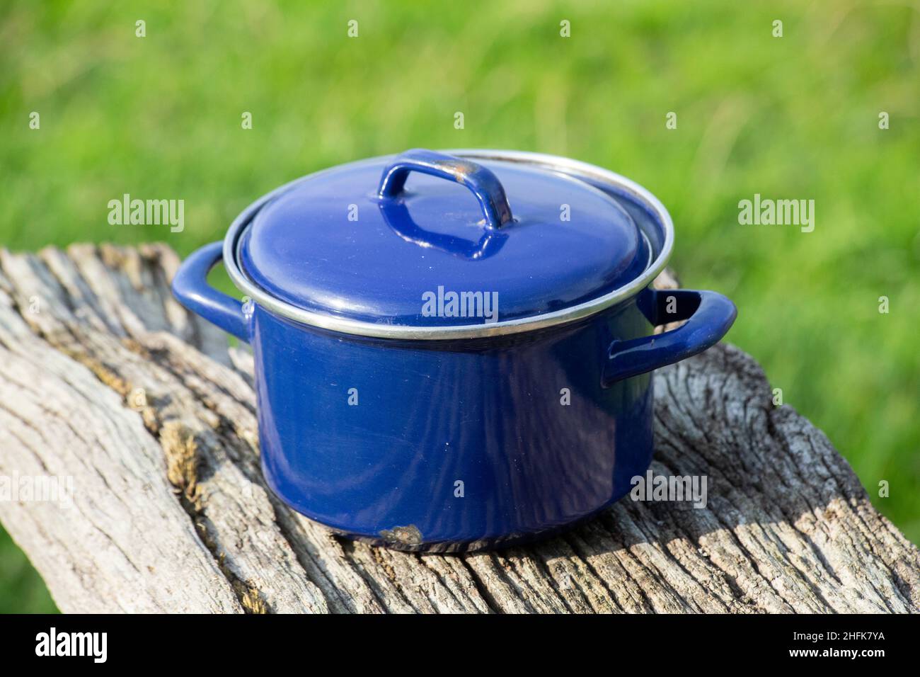 Ein alter blauer Kochtopf auf einem alten Holzbrett. Selektiver Fokus, unscharf grüner Hintergrund Stockfoto