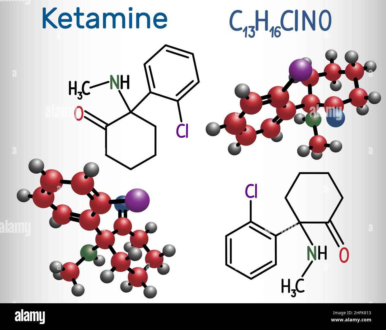 Ketamin-Molekül. Es wird in der Medizin für die Anästhesie verwendet. Strukturelle chemische Formel und Molekülmodell. Vektorgrafik Stock Vektor
