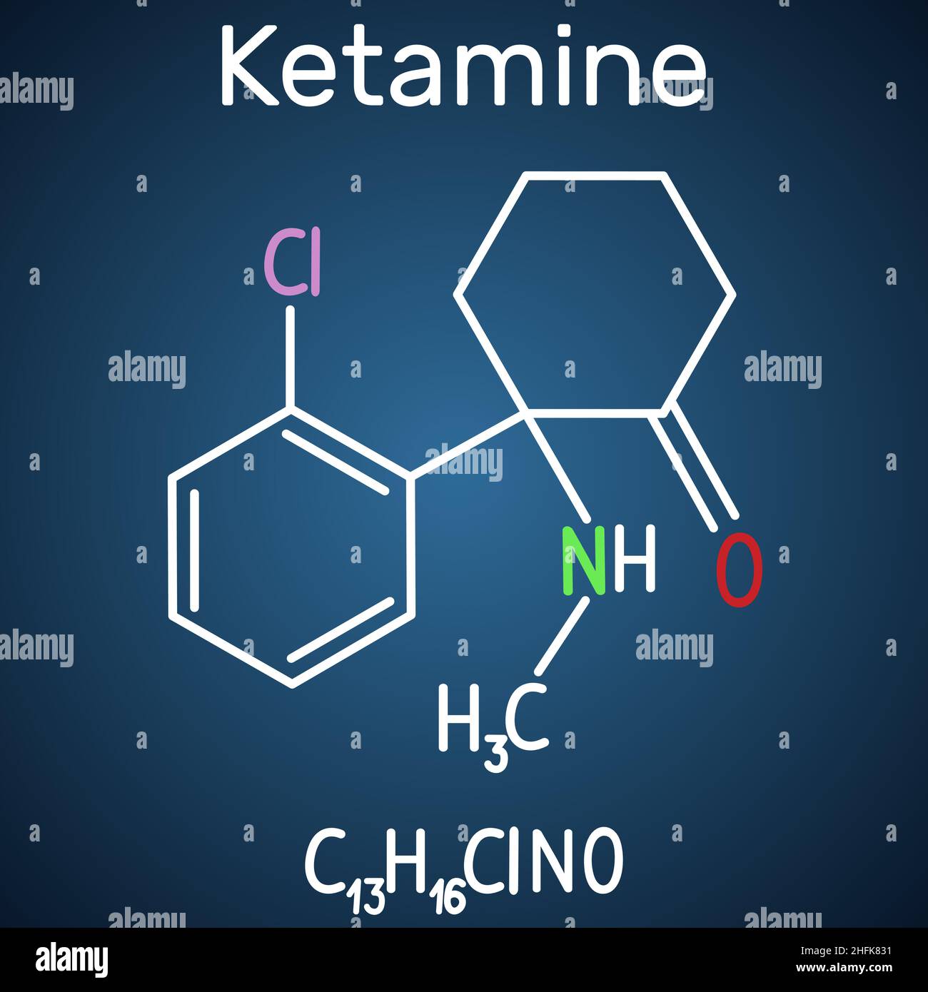 Ketamin-Molekül. Es wird in der Medizin für die Anästhesie verwendet. Strukturelle chemische Formel und Molekülmodell auf dem dunkelblauen Hintergrund. Vektorgrafik Stock Vektor