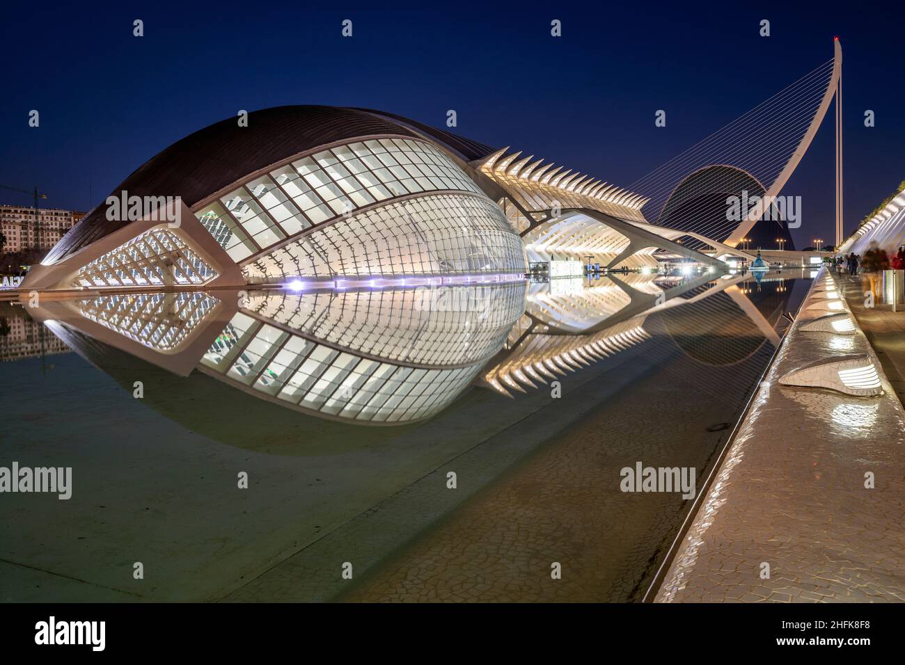 Nachtansicht der Stadt der Künste und Wissenschaften (Ciudad de las Artes y las Ciencias), Valencia, Bundesland Valencia, Spanien Stockfoto