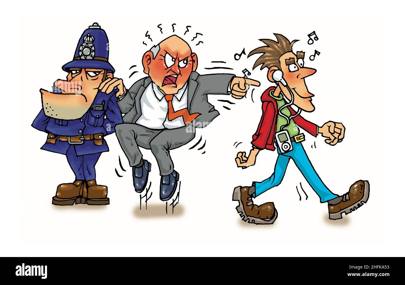 Konzeptkunst-Illustration: Ein Mann beschwert sich bei einem Polizisten, dass jemand, der an ihm vorbei geht, seine Musik zu laut spielt. Kens / Karens, chronische Beschwerden. Stockfoto