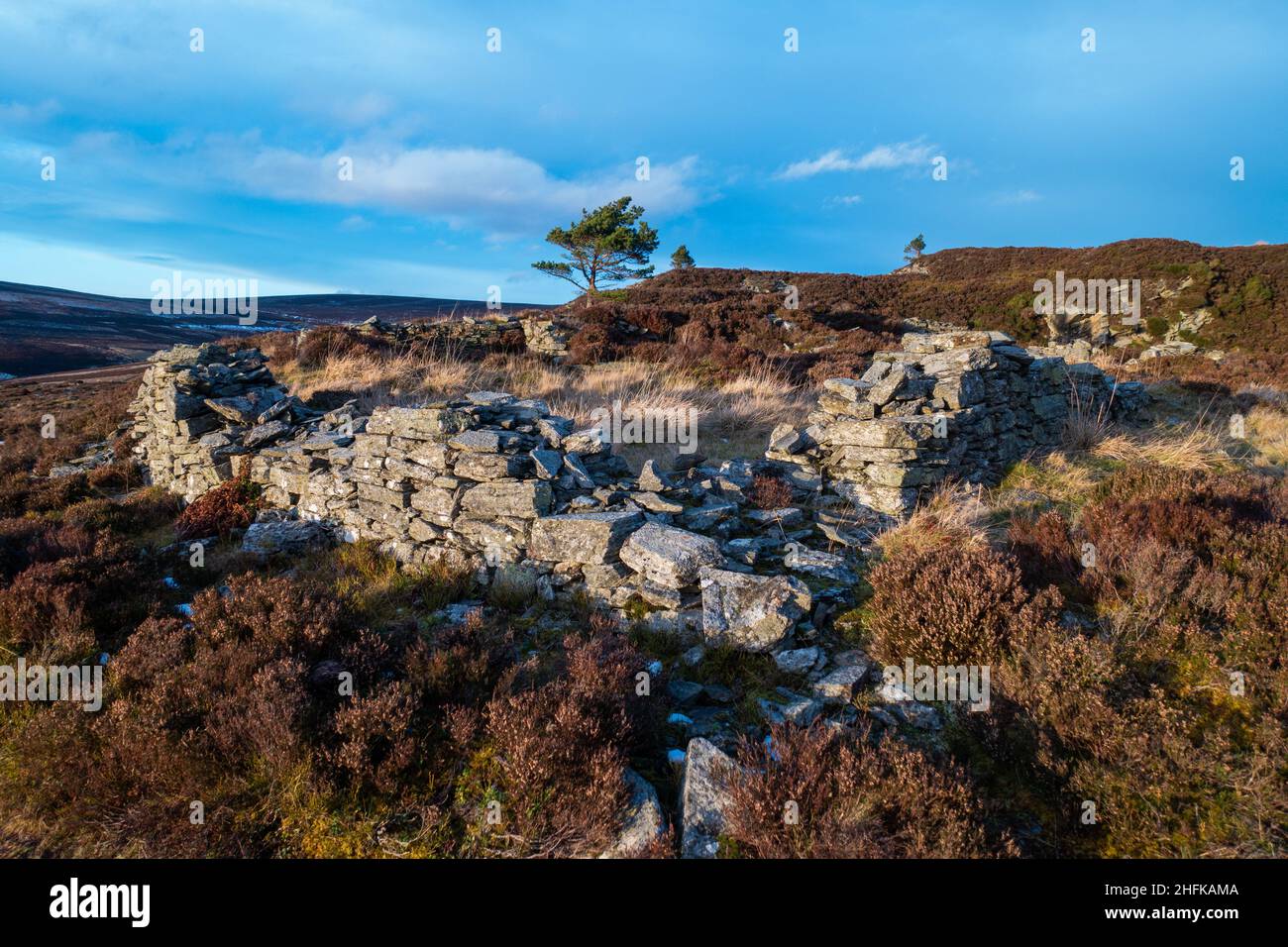 Die Überreste von Gebäuden im Correen Quarry in den Correen Hills in der Nähe von Alford, Aberdeenshire, Schottland Stockfoto