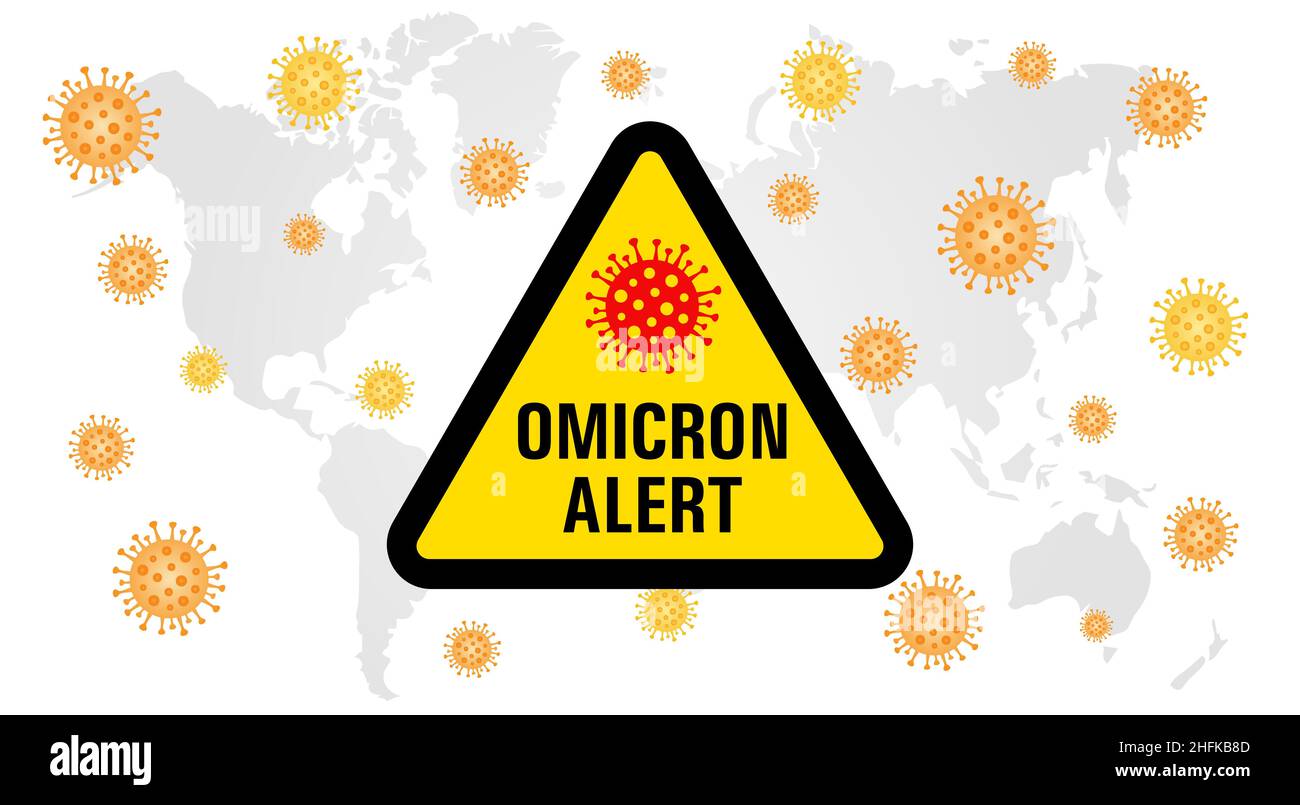 Omicron Alert COVID-19-Symbol für Ausbruchsgefahr. Ausbruch des neuen B.1.1.529 COVID 19. DIE WHO klassifizierte die neue Virusmutation omicron. Coronavirus Stock Vektor