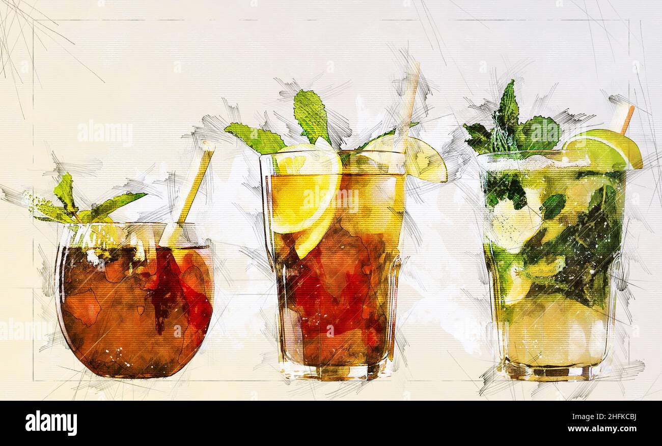 Illustration Skizze von drei verschiedenen Arten von Cocktails Stockfoto