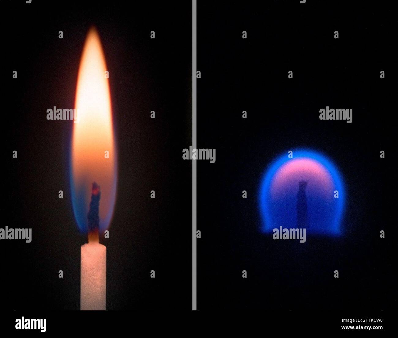 Vergleich einer Kerzenflamme, die in normaler Schwerkraft oder 1-G (links) brennt, und einer Flamme, die in Schwerelosigkeit brennt Stockfoto