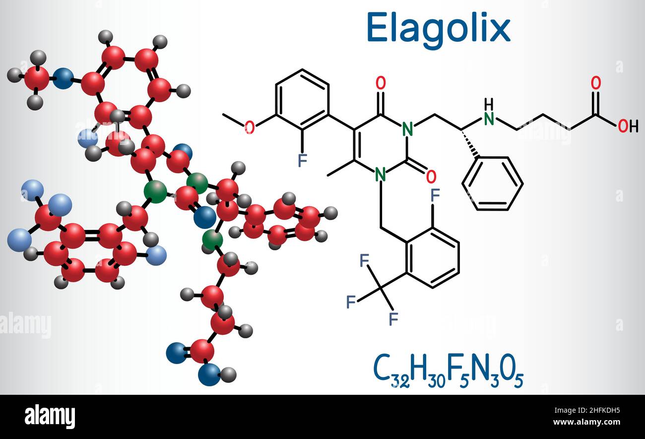 Elastolix-Medikamentenmolekül. Es handelt sich um Gonadotropin-freisetzende Hormonantagonisten. Strukturelle chemische Formel und Molekülmodell. Vektorgrafik Stock Vektor