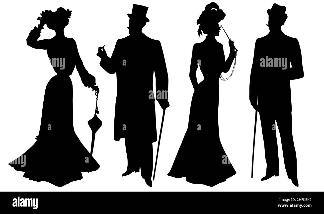 Frau Mann Silhouette im Vintage-eleganten Kleid und Hut. Mode Menschen isoliert auf weißem Hintergrund Stockfoto