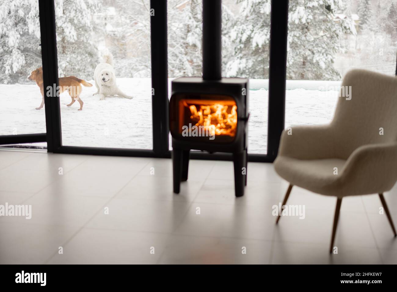 Gemütlicher Wohnbereich am Kamin bei verschneiten Bergen und spielenden Hunden Stockfoto
