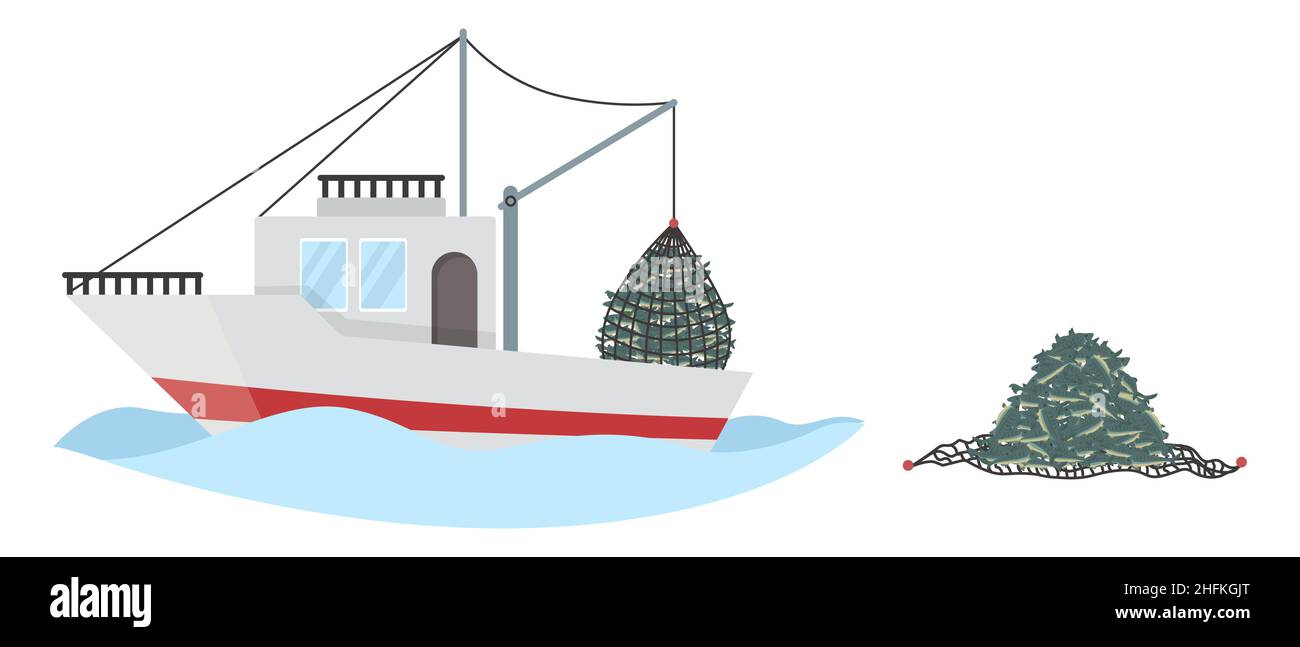 Fischerboot, das Netz voller Meeresfische aus dem Wasser zieht, Vektorgrafik. Kommerzielle Fischerei, Fischwirtschaft. Stock Vektor