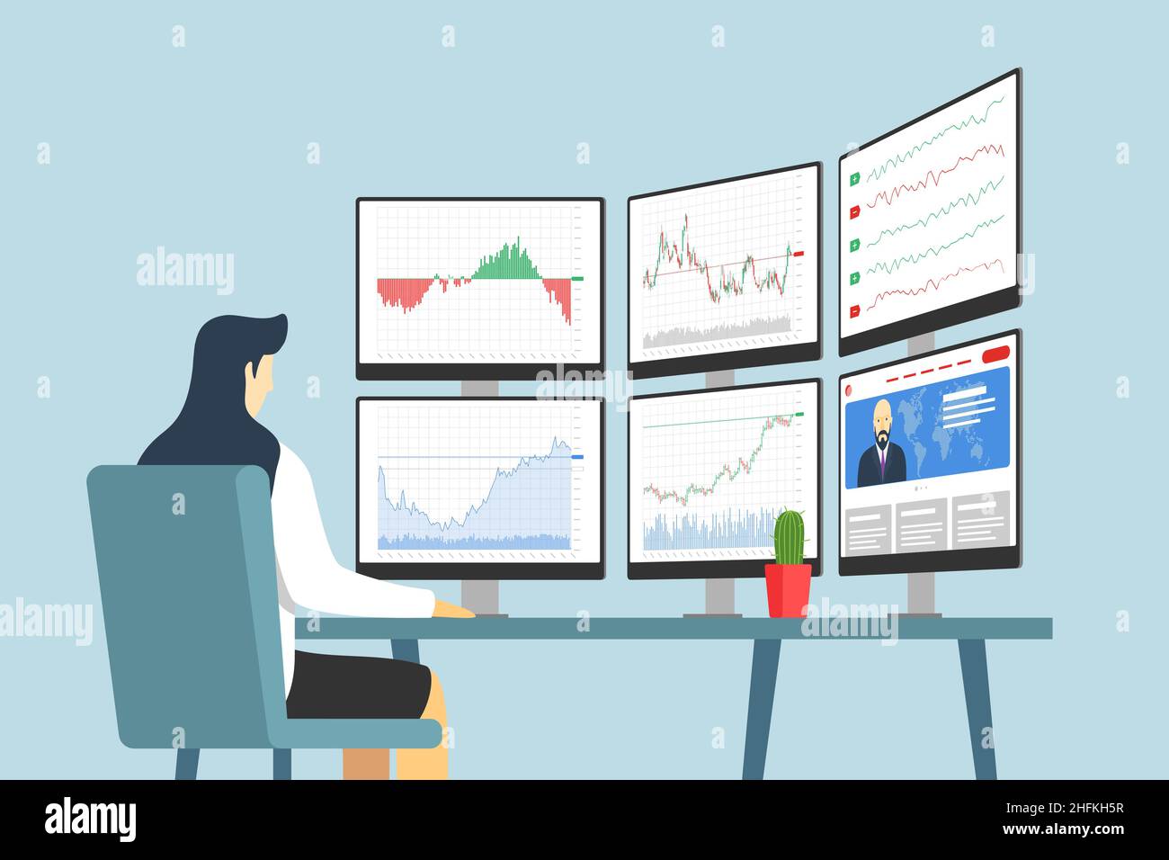 Geschäftsfrau Aktienhändler am Arbeitsplatz Blick auf mehrere Computer-Bildschirme mit Finanzdiagrammen, Diagrammen und Grafiken. Konzept der Business-Index-Analyse. Broker Exchange Trading Multi-Monitor Stock Vektor