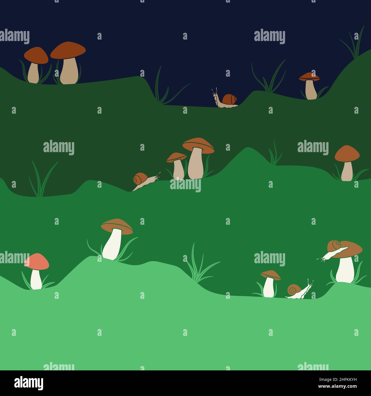 Vektor Hintergrund mit Pilzen und Schnecken. Farbige Abbildung mit isolierten Objekten. Stock Vektor