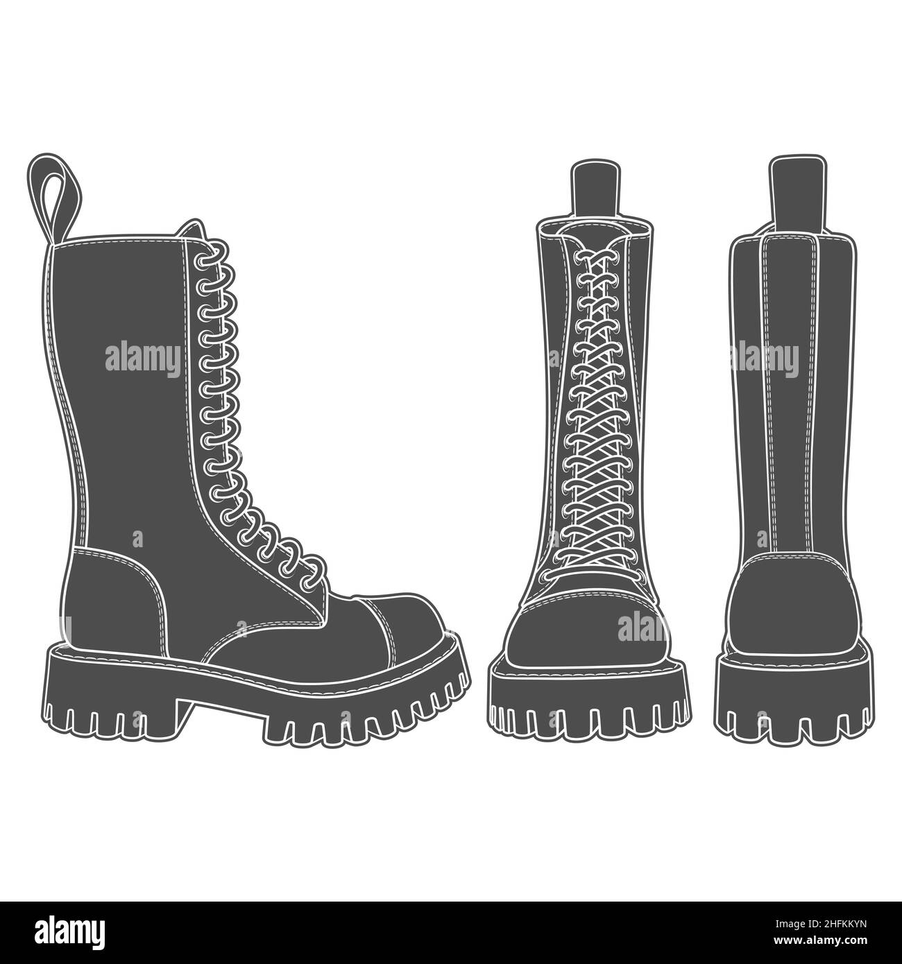 Set aus schwarz-weißen Illustrationen mit Stiefeln, hohen Stiefeln mit Schnürsenkeln. Isolierte Vektorobjekte auf weißem Hintergrund. Stock Vektor