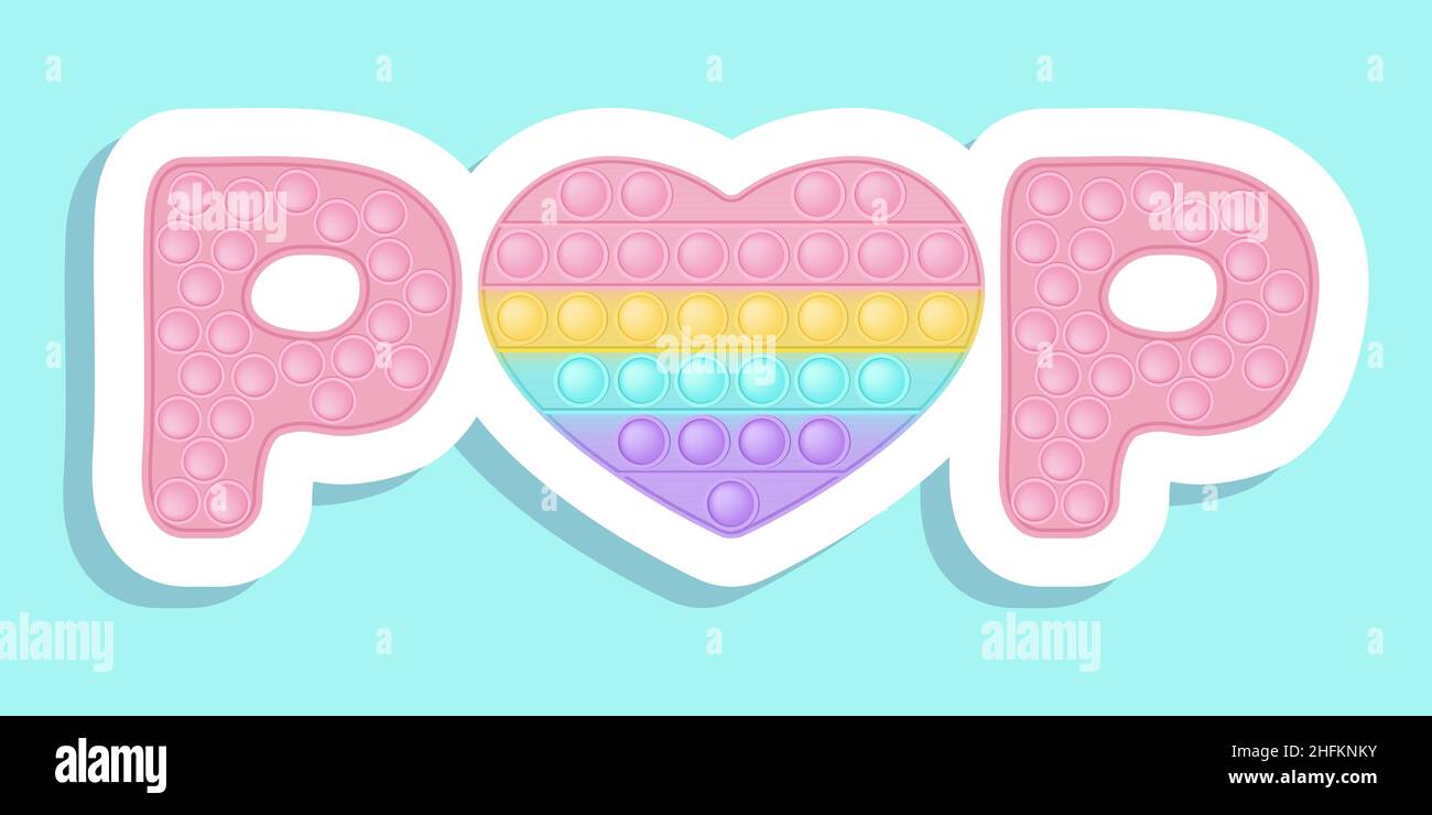 Zeichen der POP Liebe und Herz Symbol Symbol des Valentinstag im Stil von Pop it modische Silikon Fidget Spielzeug. Die Figur der Herzen ist rosa Stock Vektor