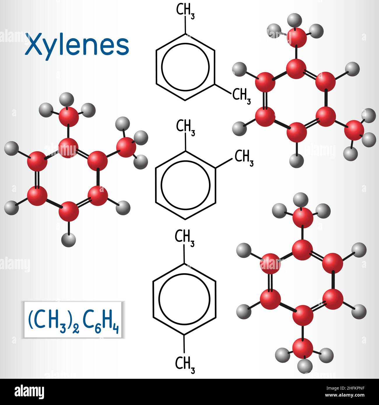 Meta-, ortho-, para-Xylol-Isomere. Strukturelle chemische Formel und Modell. Vektorgrafik Stock Vektor