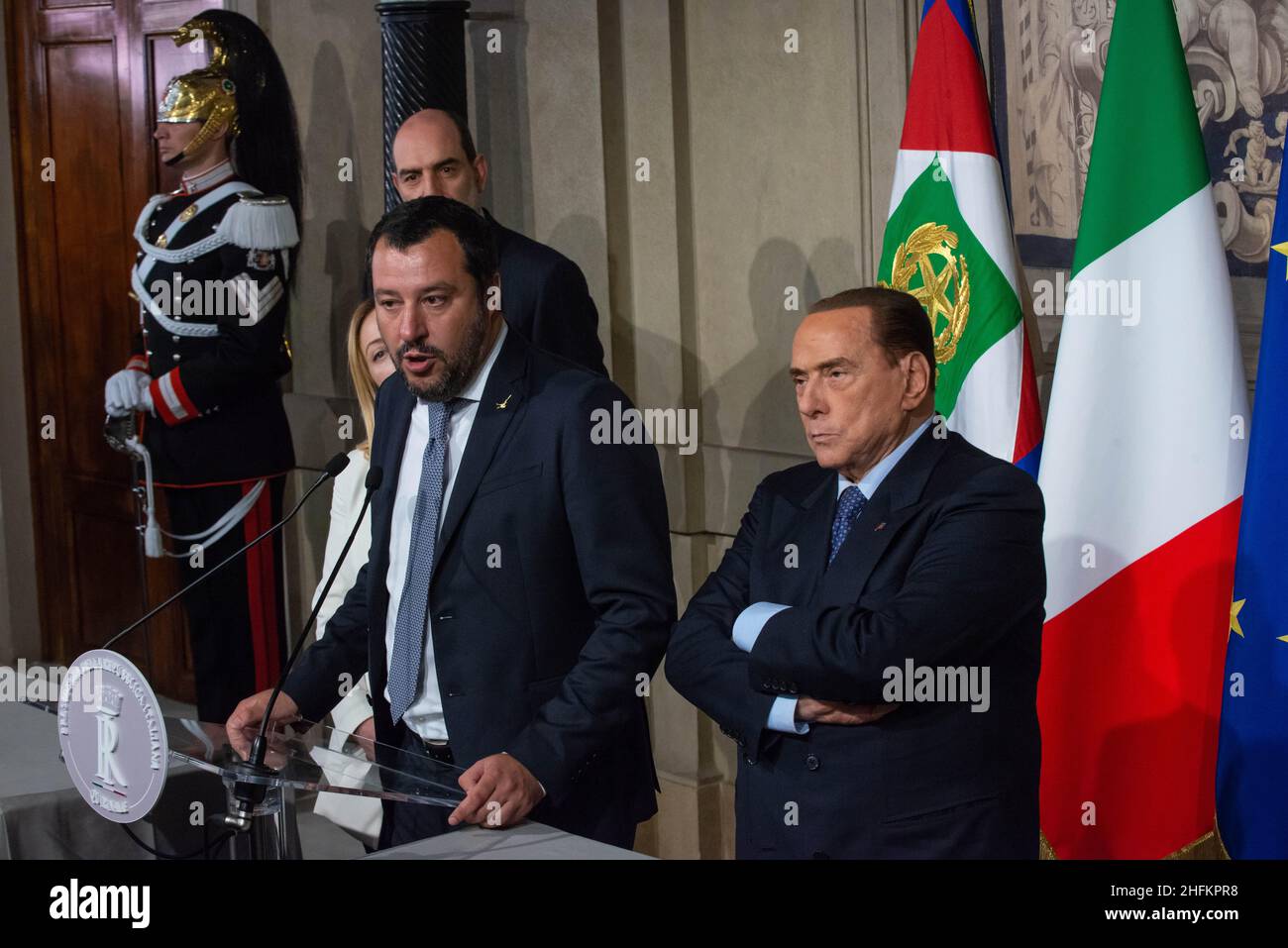 Roma, 07/05/2018: la delegazione del Centro destra composta da Matteo Salvini, Giorgia Meloni e Silvio Berlusconi. Consultazioni al Quirinale. © Andrea Sabbadini Stockfoto