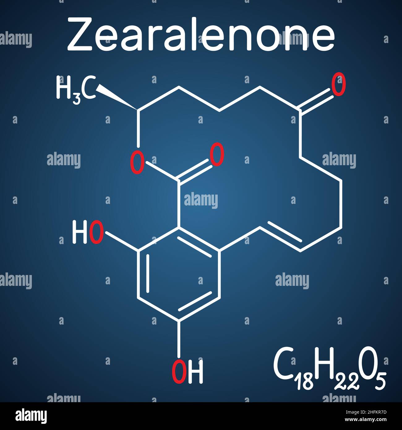Zearalenon (ZEN)-Mykotoxinmolekül. Strukturelle chemische Formel und Molekülmodell auf dem dunkelblauen Hintergrund. Vektorgrafik Stock Vektor