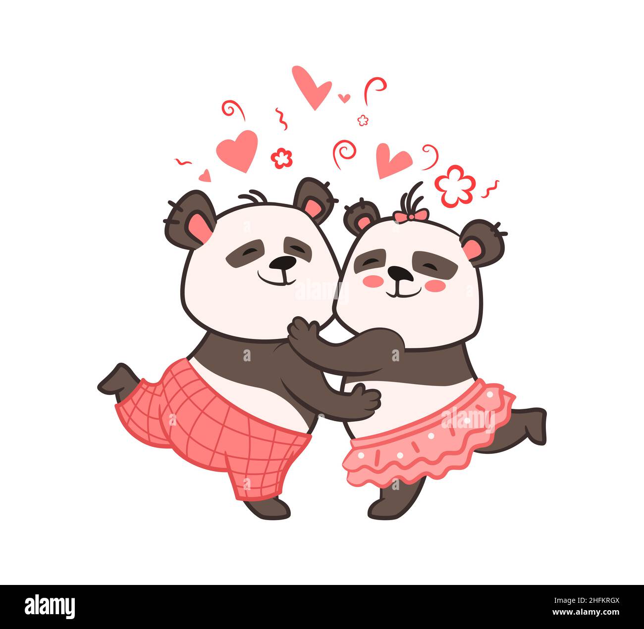 Zwei niedliche Pandas umarmten sich gegenseitig, gratuliert zum Valentinstag.Vektor-Illustration im Cartoon-Stil , kawaii Stock Vektor