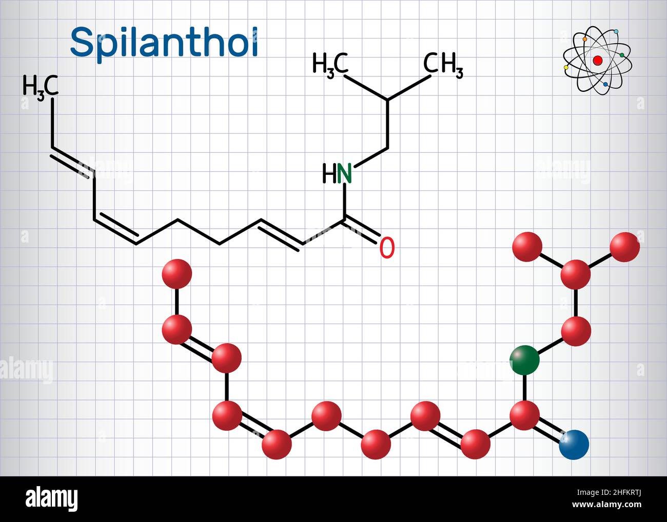 Spilanthol-Molekül. Es ist ein Fettsäureamid, wird für die lokalen Anäureeigenschaften und in der Kosmetologie verwendet. Blatt Papier in einem Käfig. Struktureller c Stock Vektor