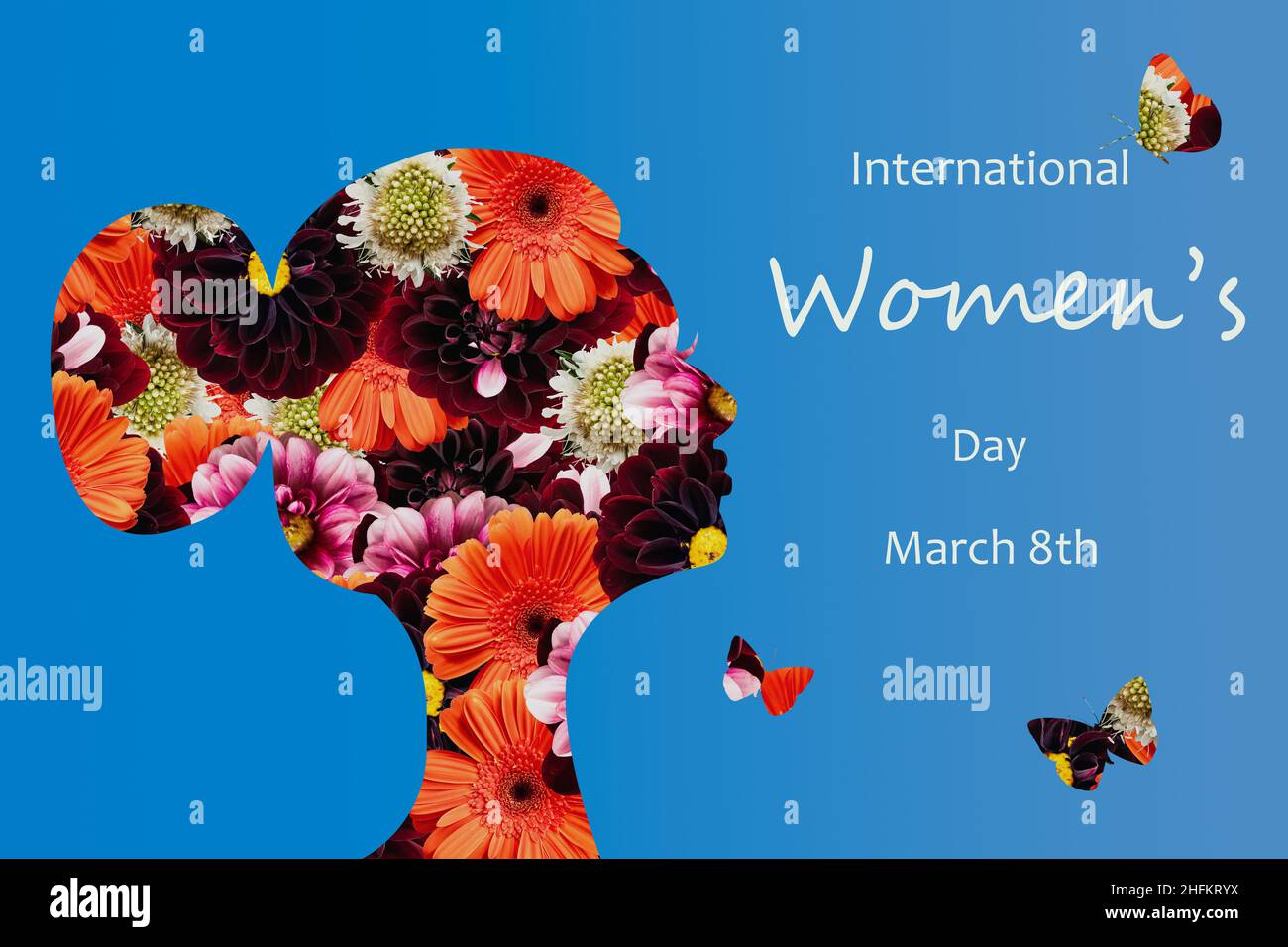 Happy March 8th International Women's Day Hintergrundposter. Design mit Frau Seitenprofil Silhouette und Blüte Collage von Fotos von Blumen und Stockfoto