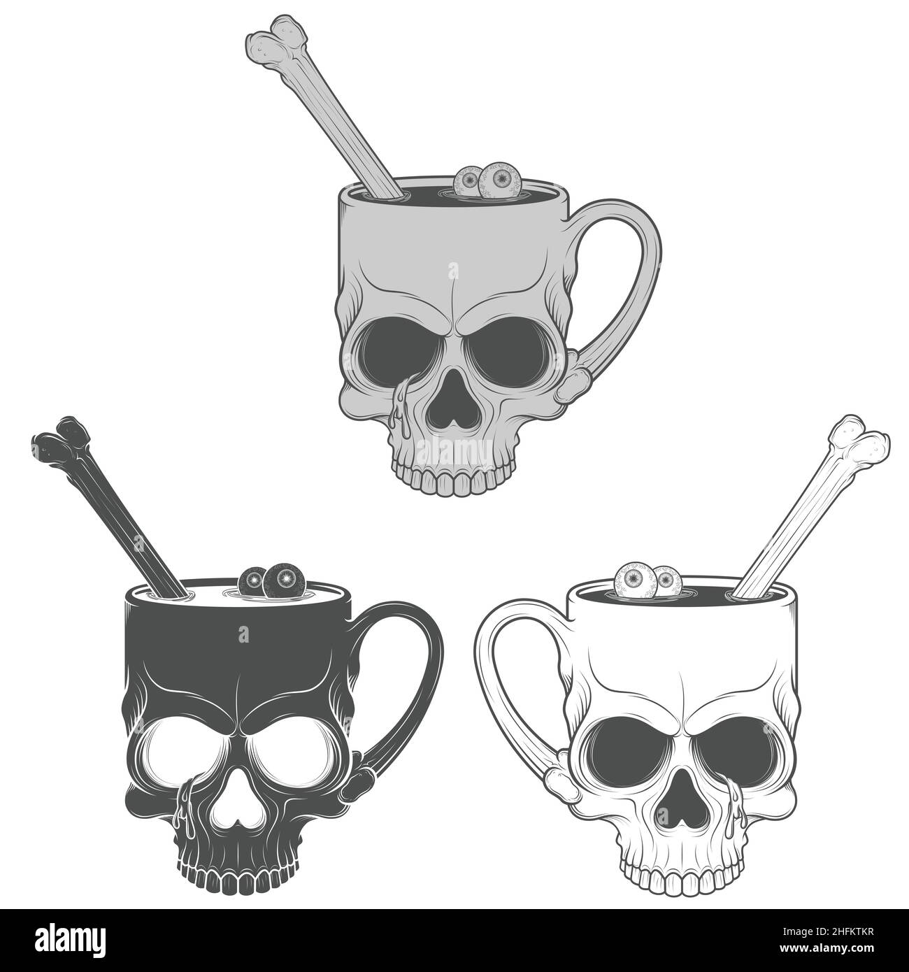 Illustration eines schalenförmigen Schädels mit Blut und menschlichen Überresten Stock Vektor