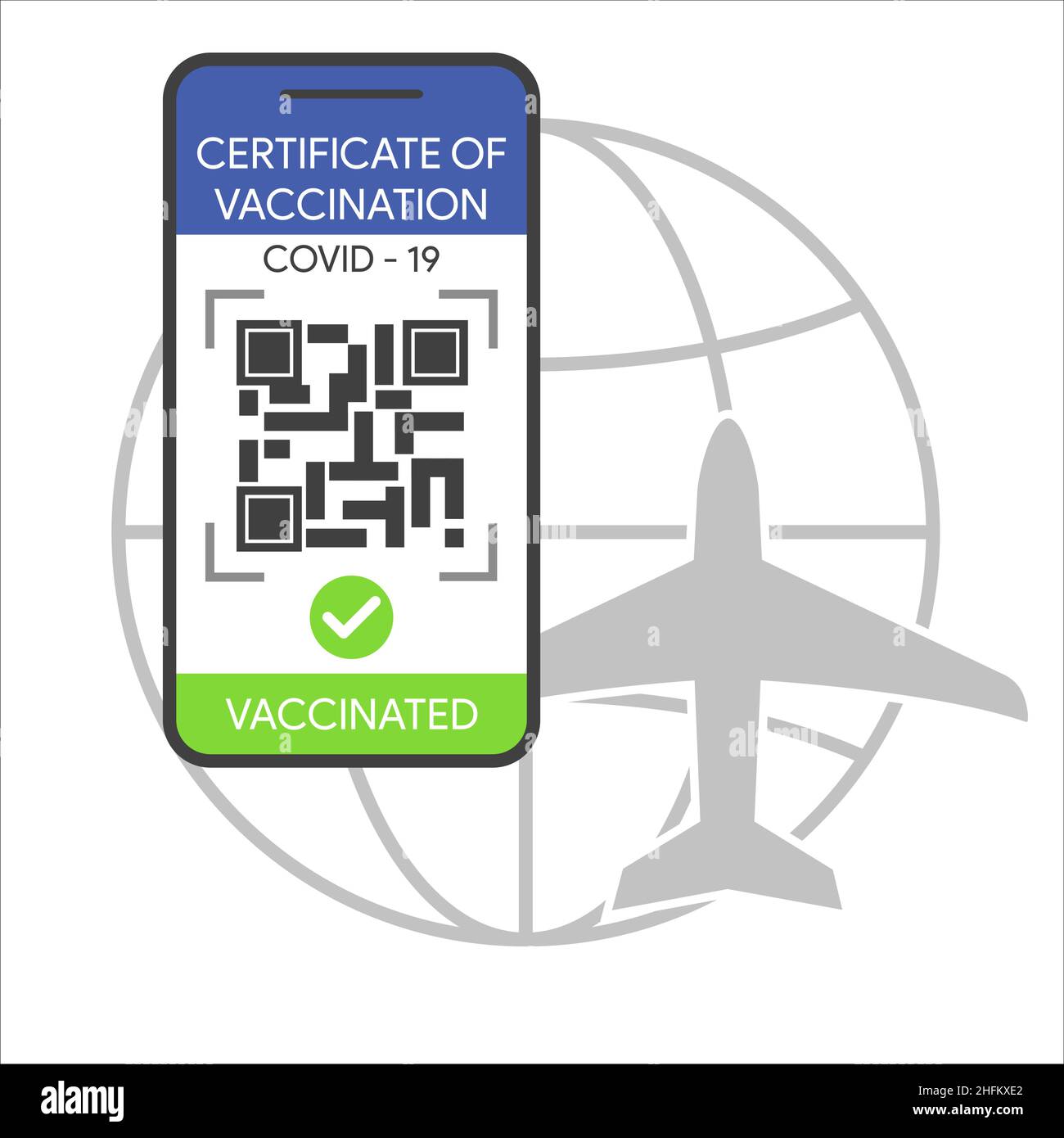 Smartphone mit qr-Code auf dem Bildschirm. European Green Pass Reisegenehmigungs-Konzept. Internationaler Impfpass. Stock Vektor