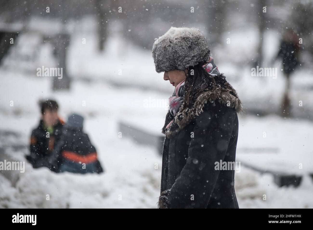 Winter in Serbien: Frau beim Spaziergang im Saint Sava Park während eines Schneefalls, Belgrad Stockfoto