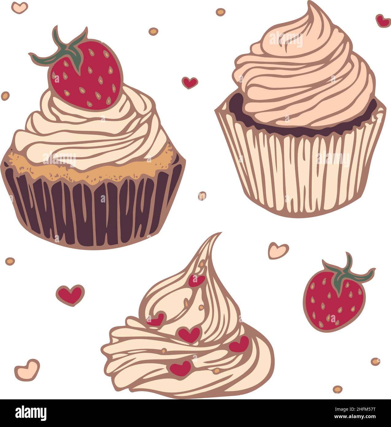 Vektor-Illustration mit Sammlung von Cupcakes farbig und dargestellt durch eine Linie. Handgezeichnete, isolierte Cupcakes. Stock Vektor