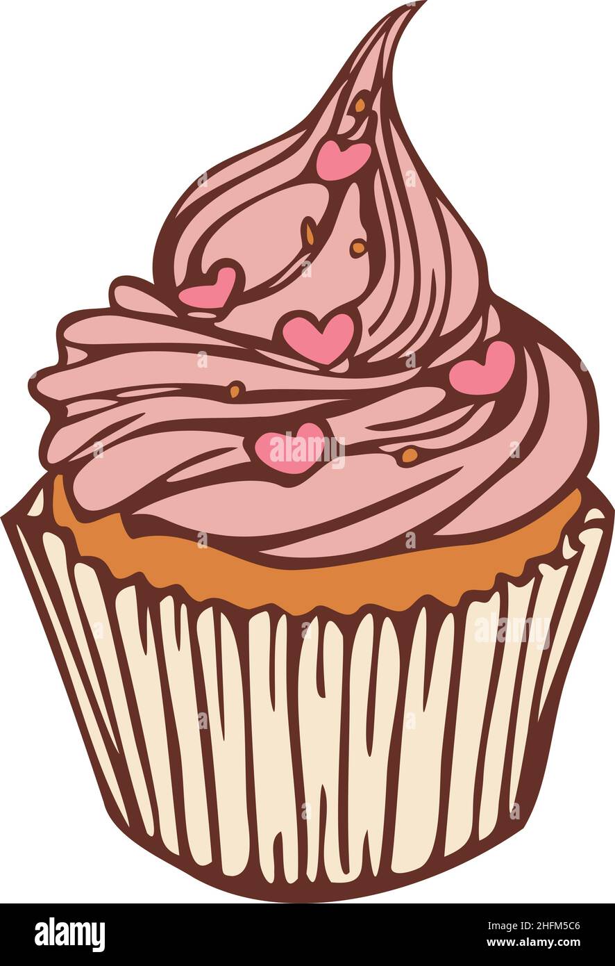 Vektor-Illustration von Cupcake. Handgezeichnete Konfektion, farbig und durch eine Linie dargestellt. Stock Vektor