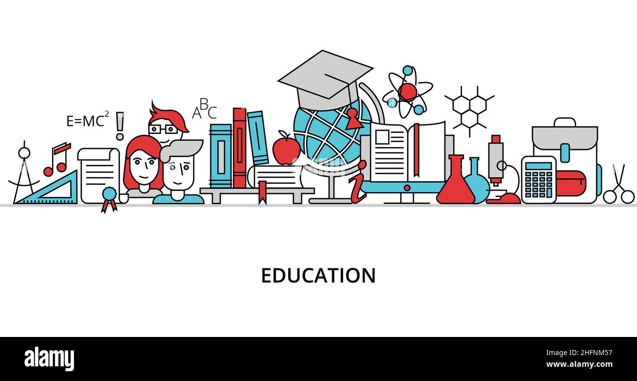 Moderne flache dünne Linie Design Vektor Illustration, Konzept des Bildungsprozesses, Lernen in der Bildungseinrichtung und Elemente der Studienausrüstung, für Stock Vektor