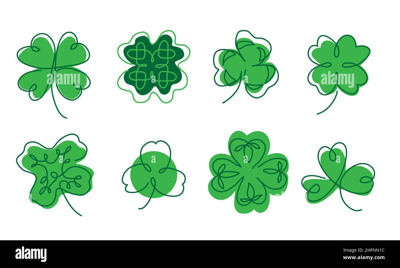 Cloverleaf vector icons set. The sign of fortune and luck for irish st patricks day celebration. One continuous line art drawing of cloverleaf symbol Stock Vektor