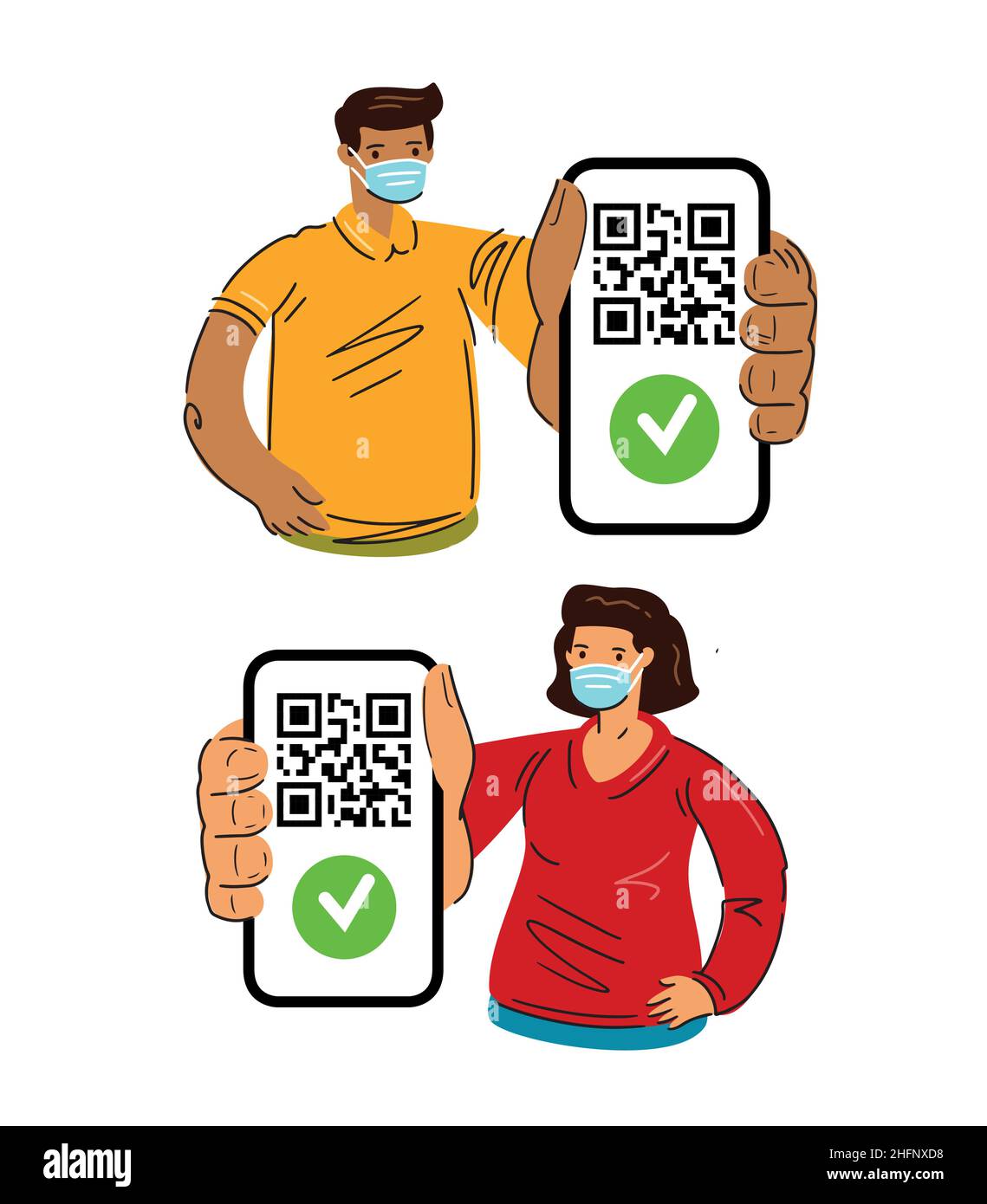 Geimpfte digitale Zertifikat Pass auf dem Bildschirm des Geräts. Mann und Frau mit Smartphone-QR-Code. Vektorgrafik Stock Vektor