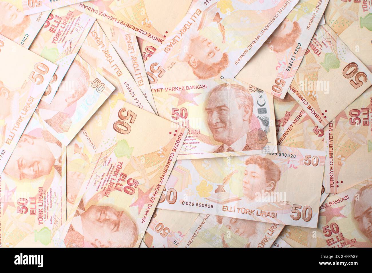 Viele 50 türkische Liras Stockfoto
