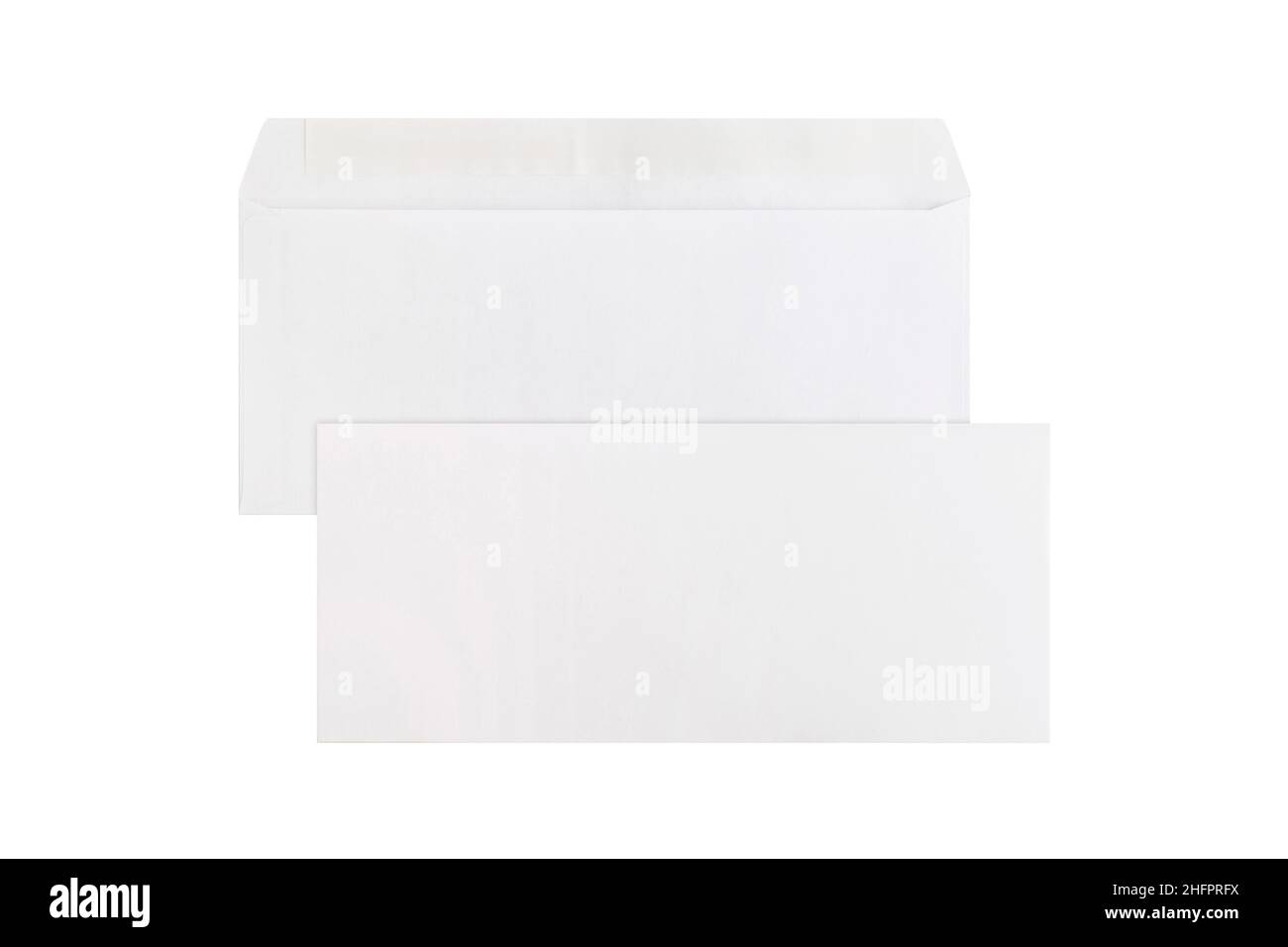 Weißer Papierumschlag isoliert auf weißem Hintergrund. Realistisches leeres weißes Briefpapier, Vorderansicht des Umschlags. VORLAGE A4, C4, A5, C5, A3, Größe C3. Mock Stockfoto