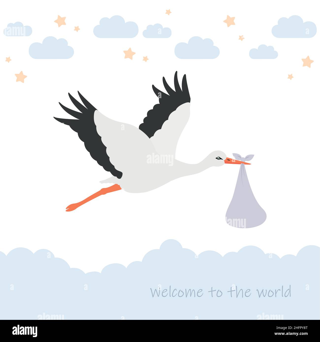 Grußkarte für Babys mit Storch und Partyflagge Stock Vektor