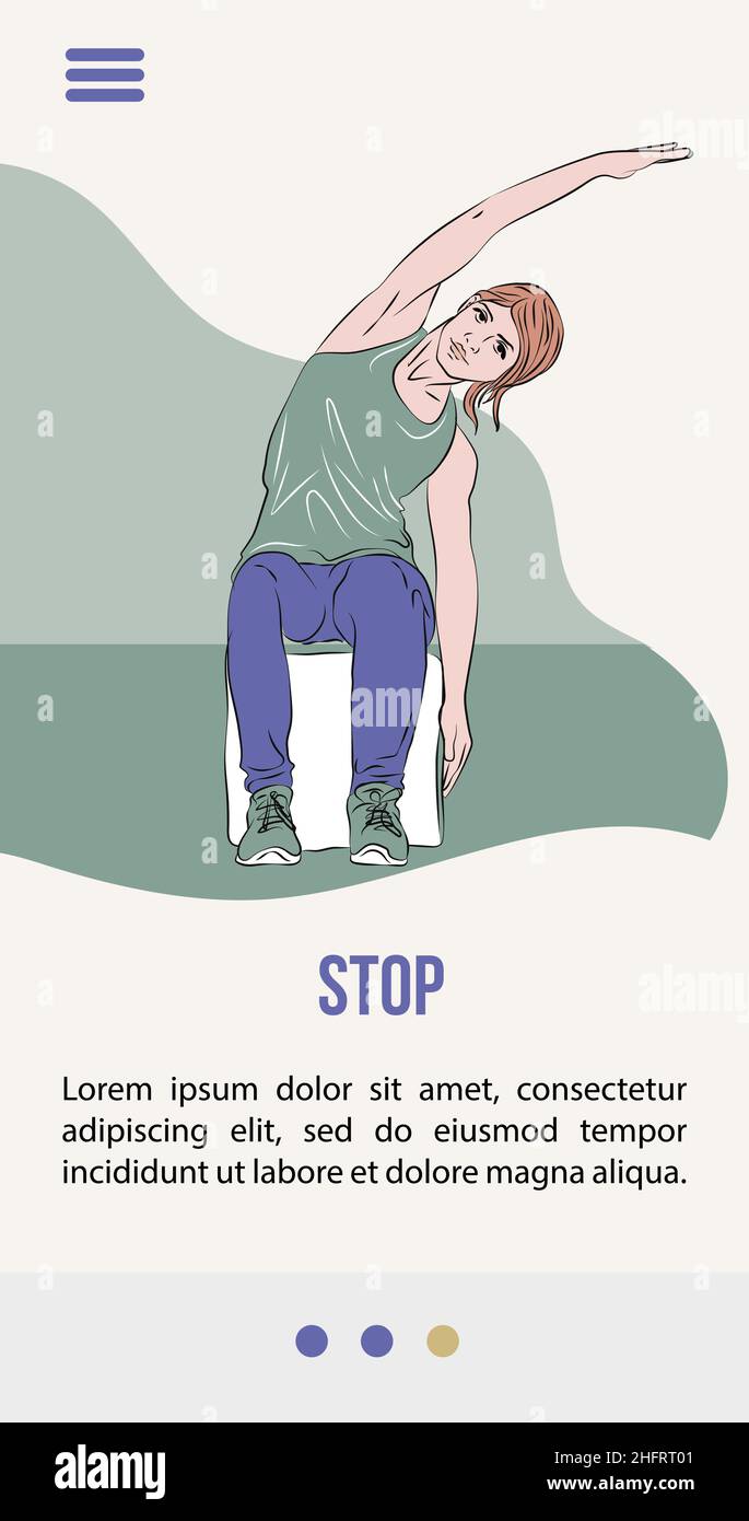 Vektor-Illustration mit einer jungen Frau, die Stretching-Übungen macht, während sie am Arbeitsplatz sitzt, gesunder Lebensstil. Balance-Training. Design für Apps, Webs Stock Vektor