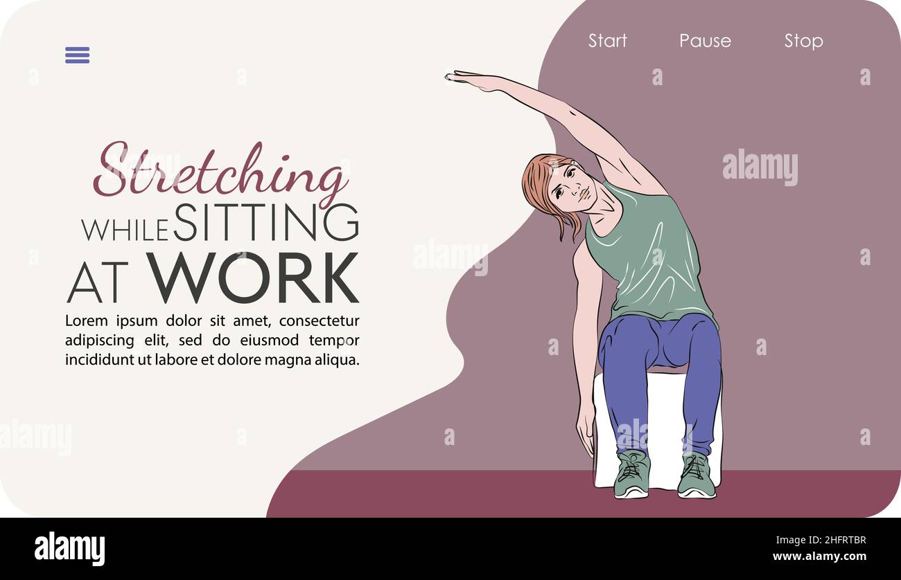 Junge Frau macht Stretching-Übungen, während sie am Arbeitsplatz sitzt, gesunde Lebensweise. Balance Training. Design für Apps, Websites, Print, Präsentation Stock Vektor