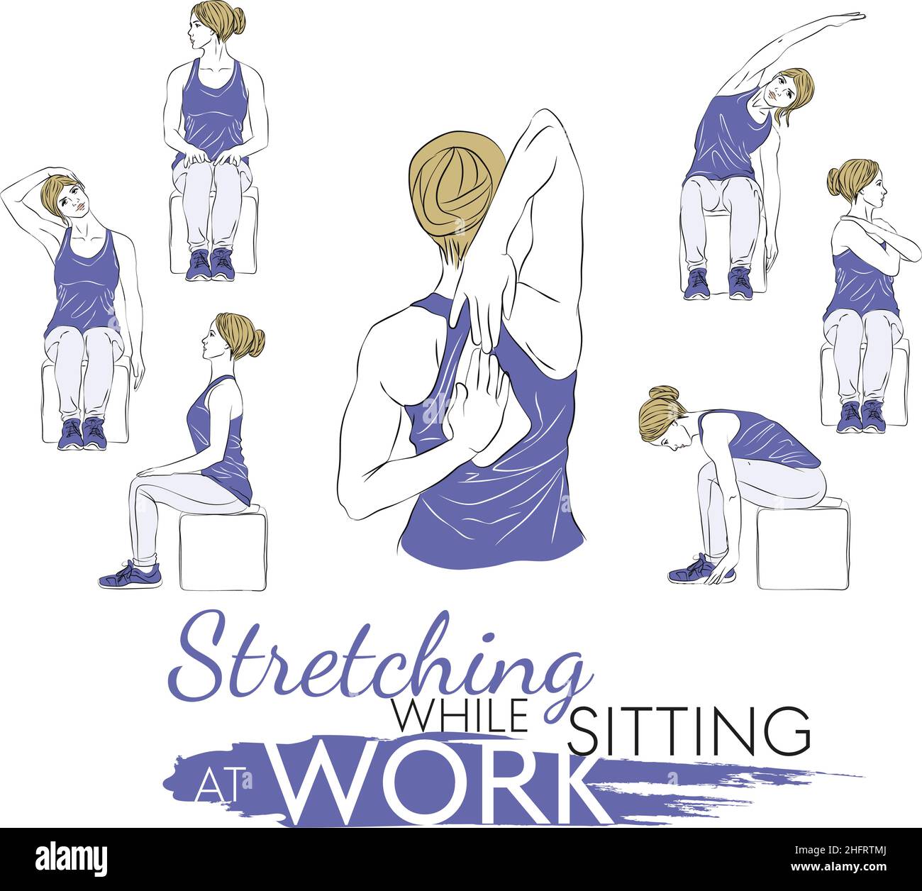 Set Stretching Sitzen am Arbeitsplatz sollte während des Sitzens auf einem Stuhl durchgeführt werden. Von zu Hause aus zu arbeiten und stundenlang zu sitzen ist für yo nicht ideal Stock Vektor