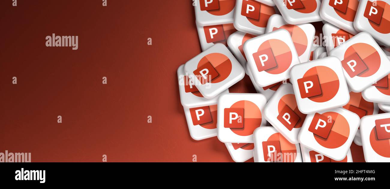 Logos der Microsoft Office-Komponente PowerPoint auf einem Haufen. Speicherplatz kopieren. Webbanner-Format. Stockfoto Logos der Microsoft Office-Komponente PowerPoint auf einem Haufen. Speicherplatz kopieren. Webbanner-Format. Stockfoto