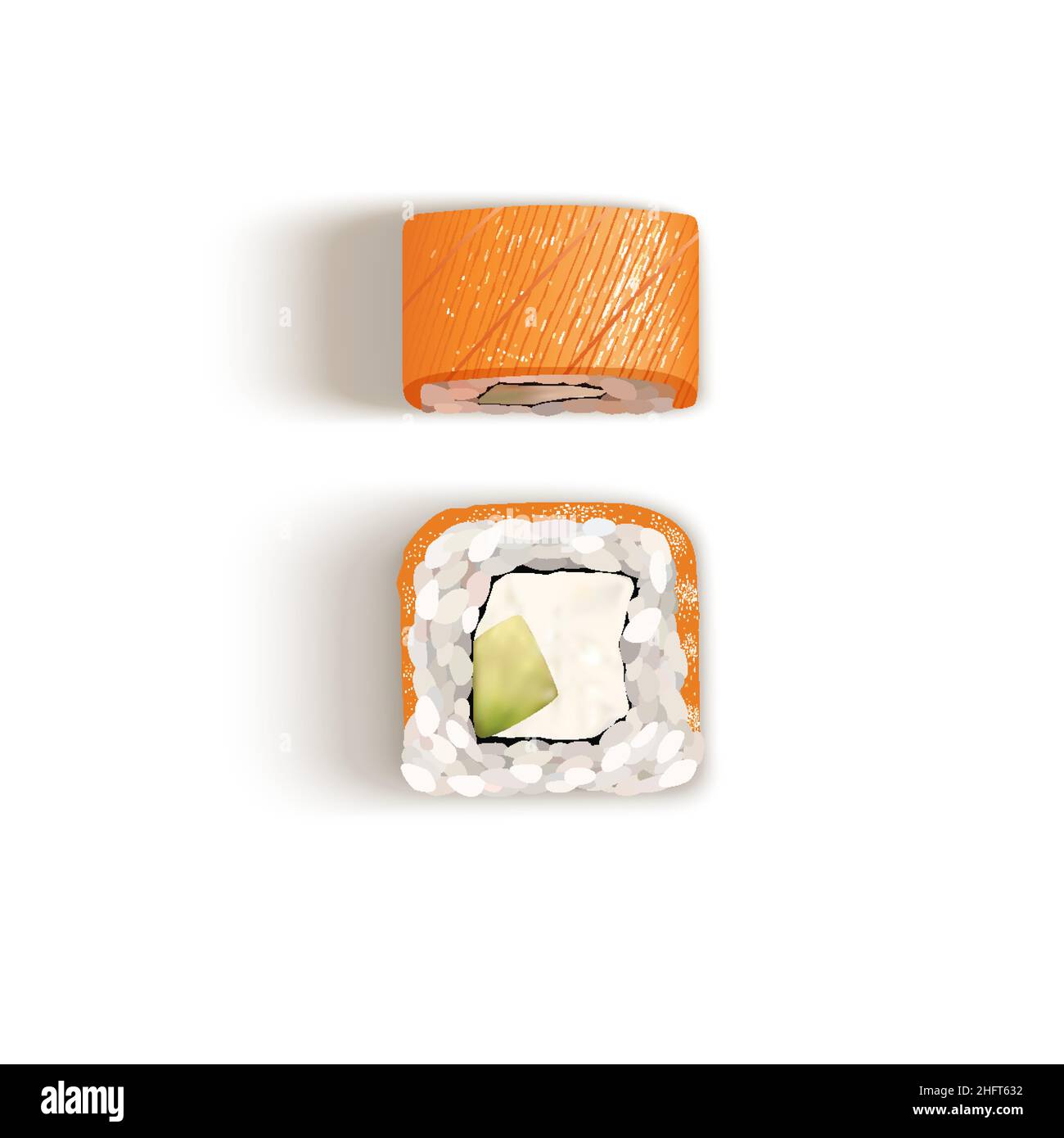 Flache Lage von zwei Philadelphia Rollen isoliert auf weiß. Blick von oben auf Sushi mit Lachs und Frischkäse. Vektorgrafik Stock Vektor
