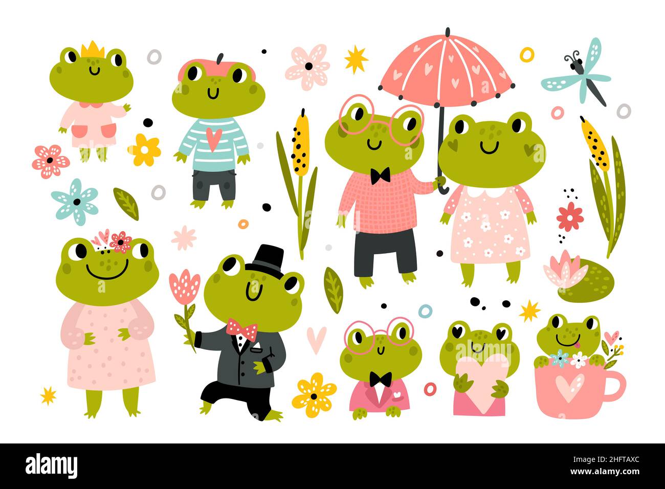 Niedliche Frösche. Lustige fröhliche Cartoon Frosch Figuren, Familie Tiere in Kleidung, romantische Paar und Kinder, Baby Kröten und Amphibien, Sumpfwasser Stock Vektor