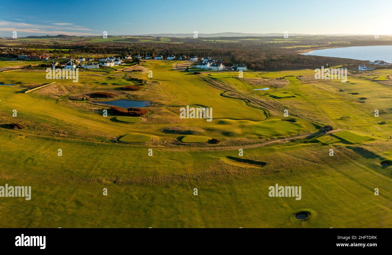 Luftaufnahme von der Drohne des Golfplatzes Craigielaw , Aberlady, East Lothian, Schottland, Großbritannien Stockfoto