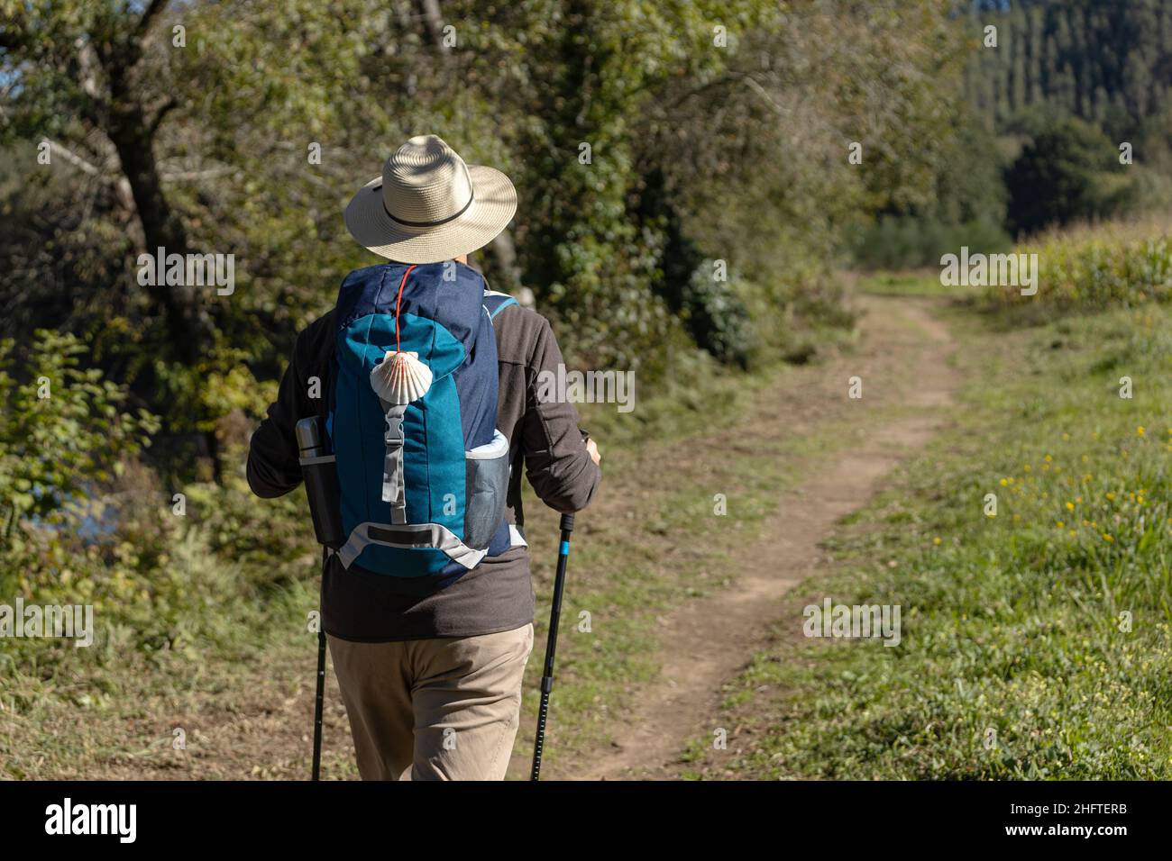 Blick von hinten auf einen Pilger, der auf einem ländlichen Weg nach Santiago de Compostela unterwegs ist. Jakobsweg, Camino de Santiago Stockfoto