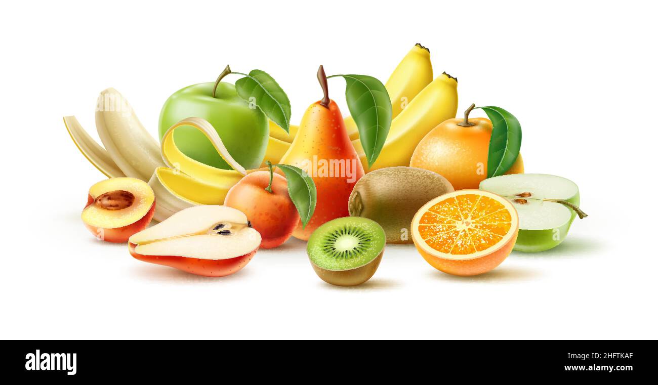 Saftige Früchte. 3D appetitlich frische Birne, Bananen und Äpfel. Ganz und halb Pfirsich. Vitamin Kiwi und Orange. Realistische natürliche vegetarische Speisen. Anlage Stock Vektor