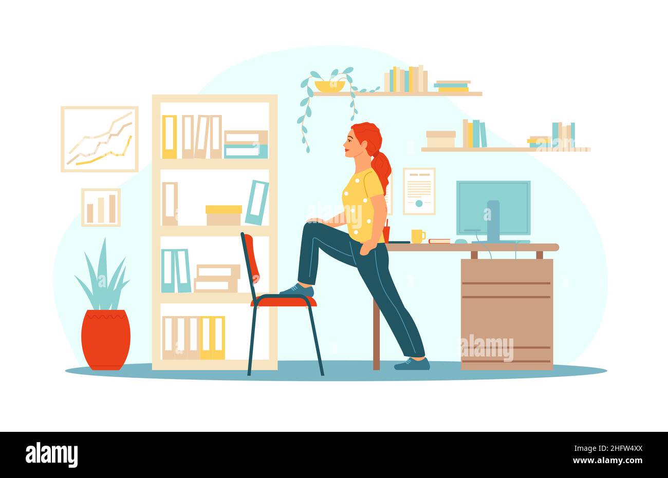 Körperliche Übungen am Arbeitsplatz. Fitness im Home Office. Frau macht körperliches Training. Hilfreiche Pausen während der Arbeit. Ausbildung mit Möbeln. Person steht ein Stock Vektor