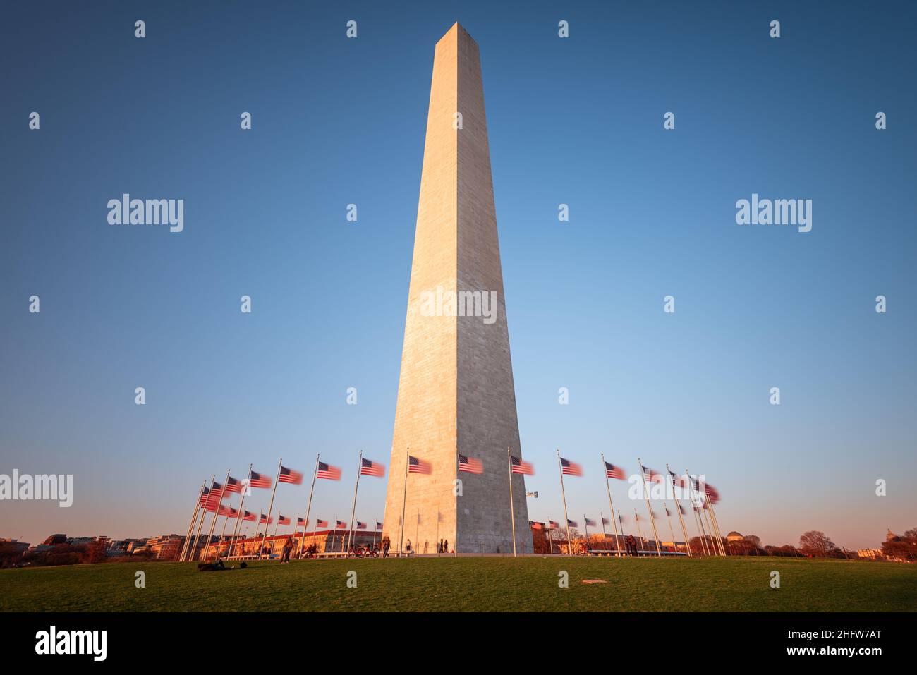 Washington DC, USA am Washington Monument bei Sonnenuntergang. Stockfoto