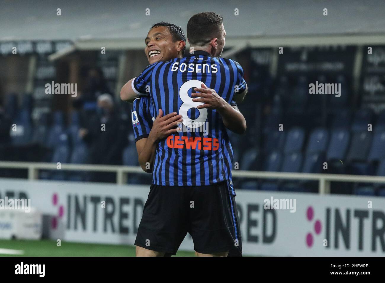 Stefano Nicoli/LaPresse 12-03-2021 Sport Soccer Atalanta vs Spezia Serie A Tim 2020/2021 Gewiss Stadium im Bild Luis Muriel feiert nach dem Tor mit Robin Gosens Stockfoto