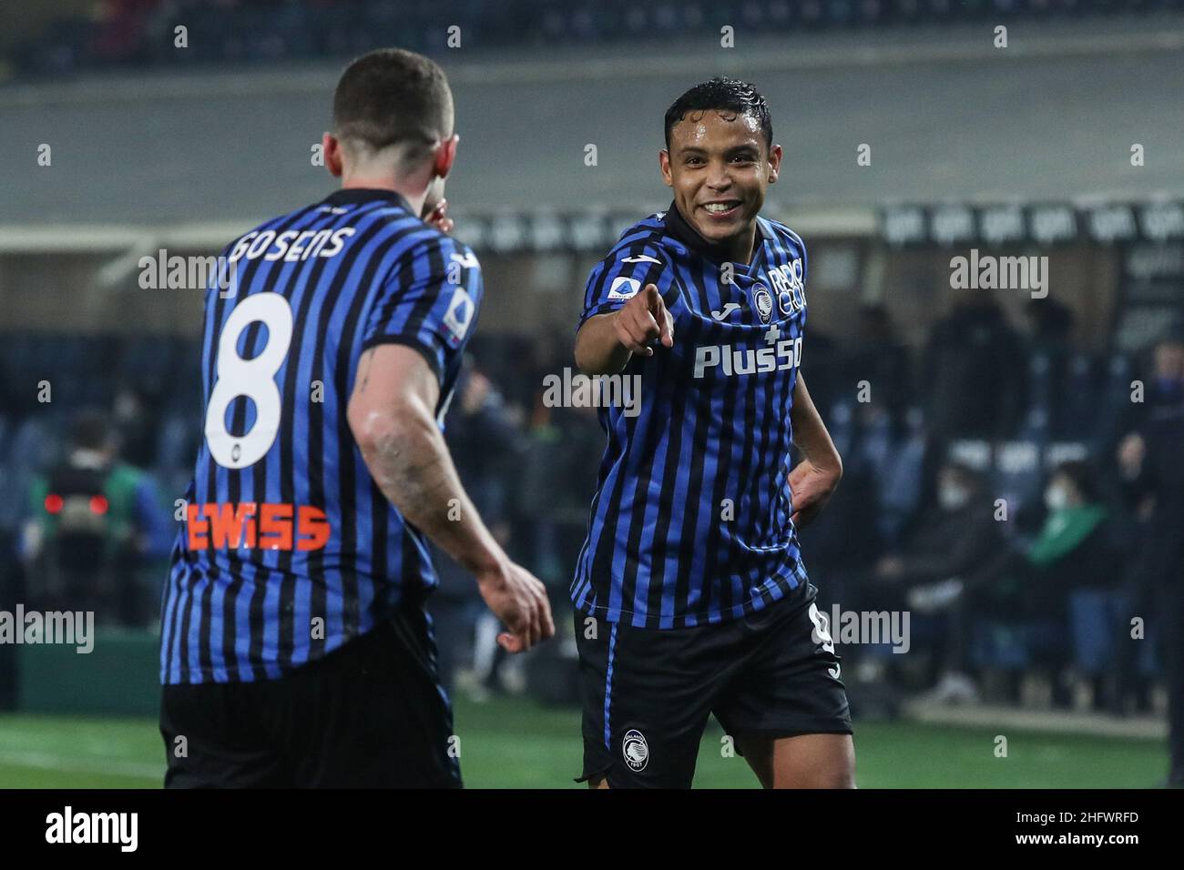 Stefano Nicoli/LaPresse 12-03-2021 Sport Soccer Atalanta vs Spezia Serie A Tim 2020/2021 Gewiss Stadium im Bild Luis Muriel feiert nach dem Tor mit Robin Gosens Stockfoto